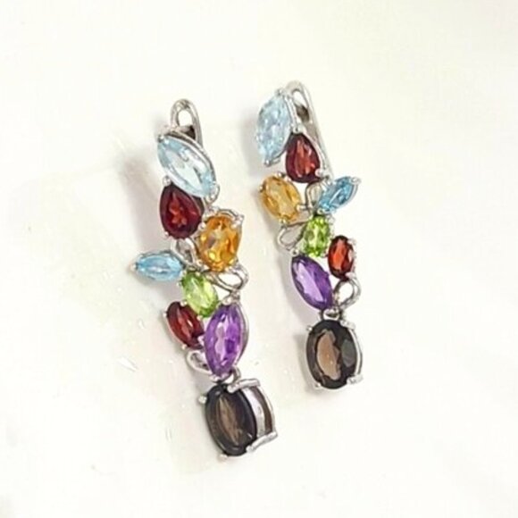 Vintage Boho Sterling Silver Colourful Rainbow Crystal Flower Drop Long Earrings - Picture 1 of 10
